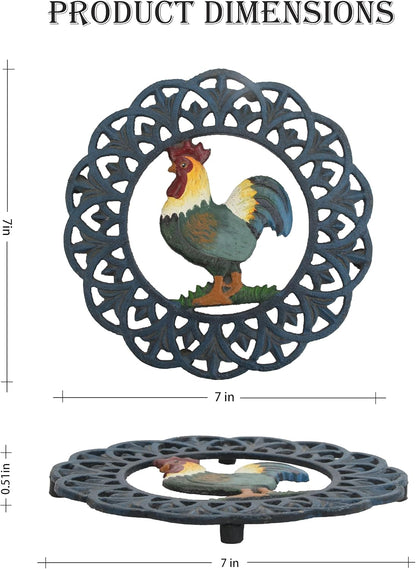 Cast Iron Trivet, 7.28 inch Metal Trivet for Hot Dishes, Heat-Resistant Decorative Trivets to Protect Dining Countertop or Kitchen Decoration with 2 Silicone Mini Pinch Mitts