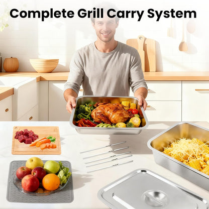 10PCS Grill Carry System Lanstics 15.7"x11.8" Grilling Prep Trays Stainless Steel Platter BBQ Serving Trays with Lid Chopping Board Skewers for Outdoor Barbecue Party
