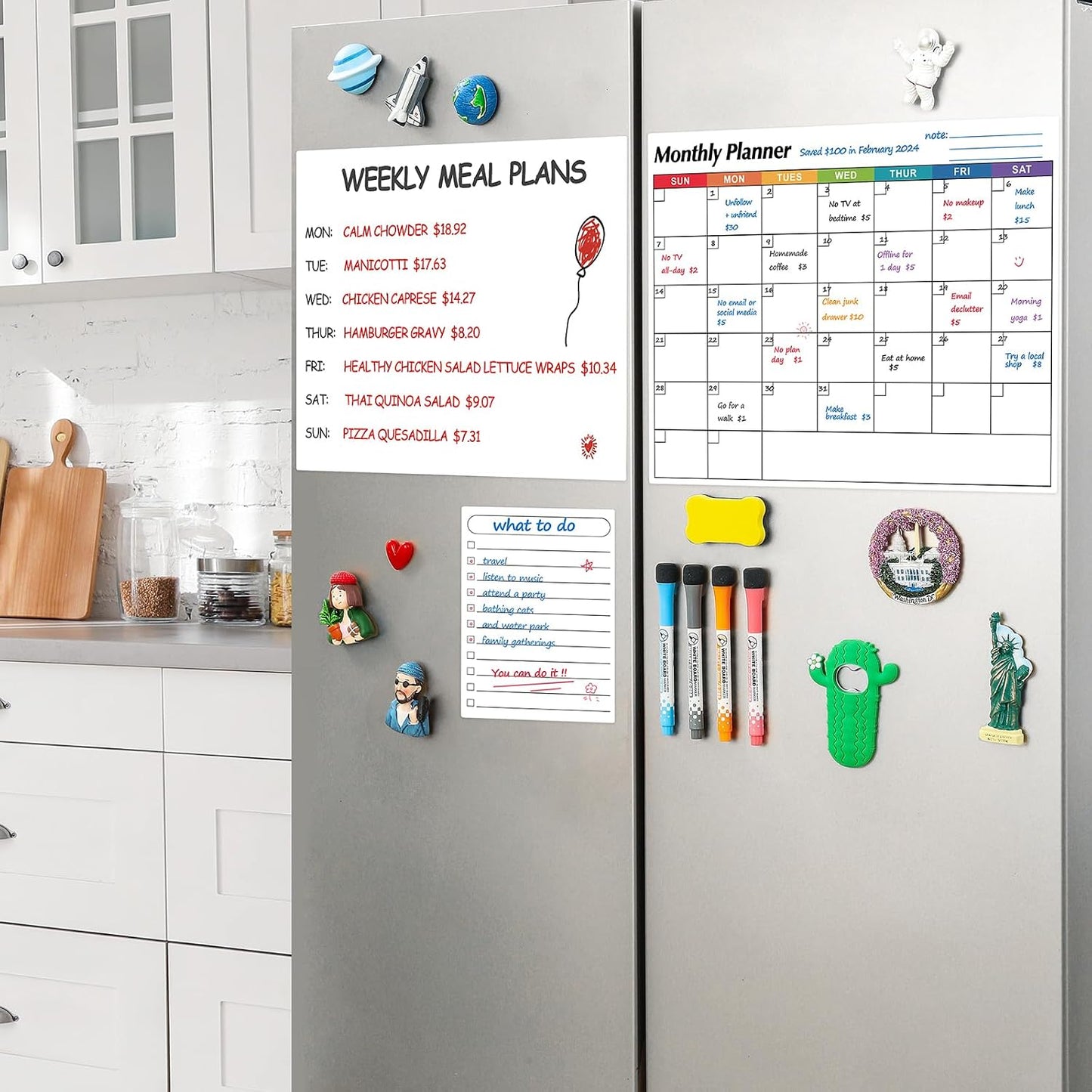 Dry Erase Magnetic Calendar for Refrigerator, 3 Pack- Monthly & Weekly & Daily Planner Magnet Whiteboard for Fridge Wall Door - Shopping, Meal/Menu, to Do List, Family Schedule Planning Board (C)