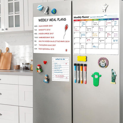 Dry Erase Magnetic Calendar for Refrigerator, 3 Pack- Monthly & Weekly & Daily Planner Magnet Whiteboard for Fridge Wall Door - Shopping, Meal/Menu, to Do List, Family Schedule Planning Board (C)
