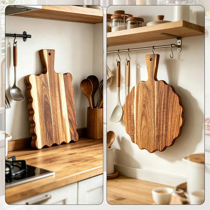 2Pcs Acacia Wood Scalloped Cutting Board with Handle Wooden Chopping Board Decorative Cutting Boards for Kitchen Decor Charcuterie Boards Serving Tray for Cheese Bread Pizza Fruit Meat