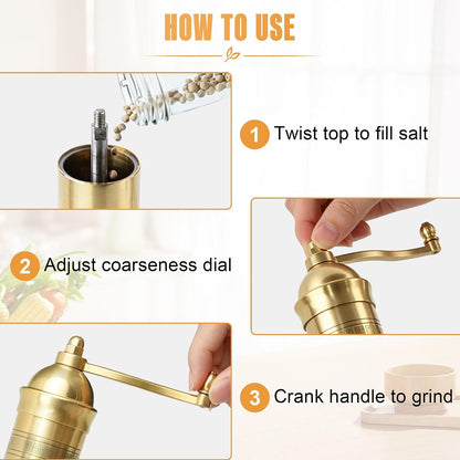 Brass Pepper Mill, 8 Inch Gold Manual Grinder with Crank Handle