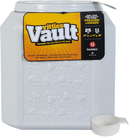 Vittles Vault Traditional Pet Food Storage Container For Dog Kibbles/Bird Seed/Oatmeal/Rice/Flour/Cereal, BPA Free Plastic, Sealed Airtight For Cat Food, Up To 50 lb, Made in USA, With Scoop, Gray
