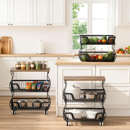 2 Pack 3-Tier Rolling Kitchen Storage Cart Fruit Basket Stand for Vegetables & Snacks Stackable Wire Pantry Floor Organizer with Wheels for Kitchen, Living Room, Bedroom, Office (Black)