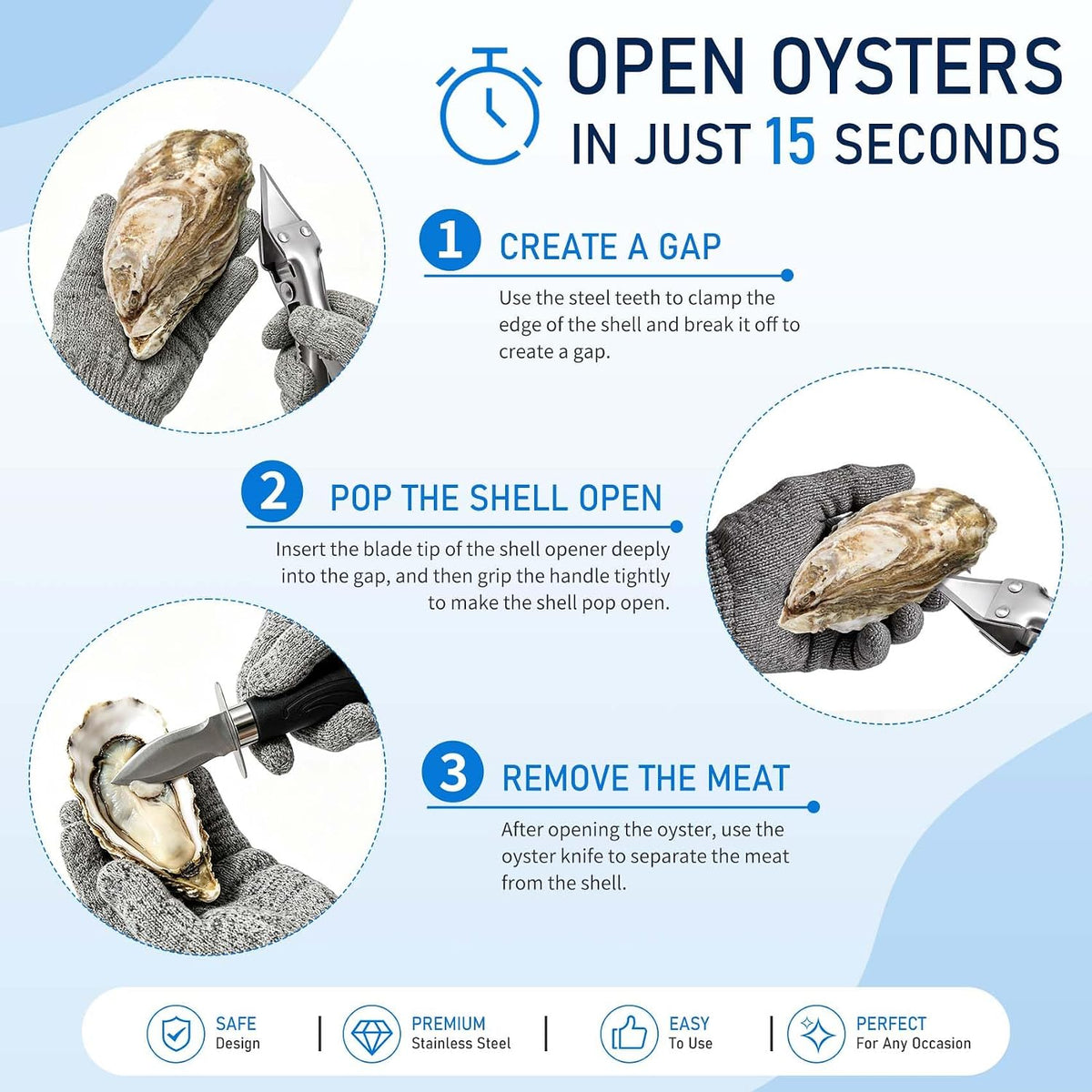 2026 New Oyster Shucker & 2 Shucking Knife Kit with Safety Gloves, Stainless Steel Oyster Opener Easy Leverage Design for Safe Fast Oyster Shucking Keep the Juice