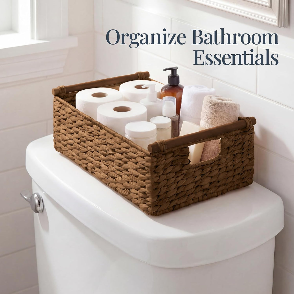Best Choice Products Wicker Storage Basket, Shelf Organizer Basket w/Wooden Handles, Woven Rectangular Storage Bin, Natural Water Hyacinth for Pantry, Closet, Laundry Room, & Living Room - Chestnut