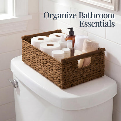 Best Choice Products Wicker Storage Basket, Shelf Organizer Basket w/Wooden Handles, Woven Rectangular Storage Bin, Natural Water Hyacinth for Pantry, Closet, Laundry Room, & Living Room - Chestnut