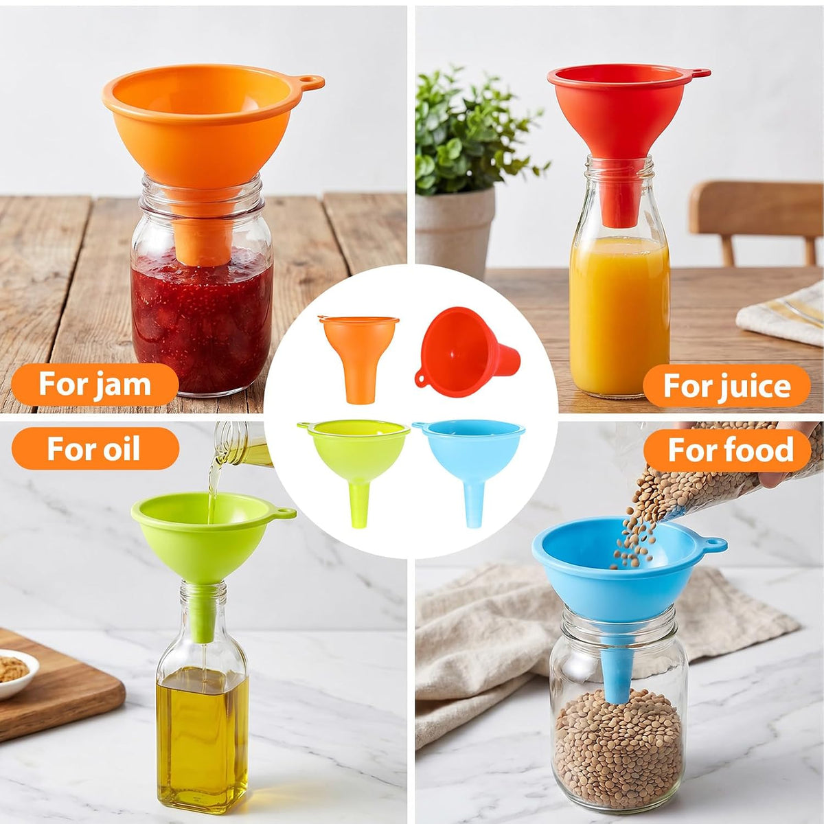 Kitchen Funnels, Mabor 4 Pack Funnels for Kitchen Use, Two Spout Sizes Set