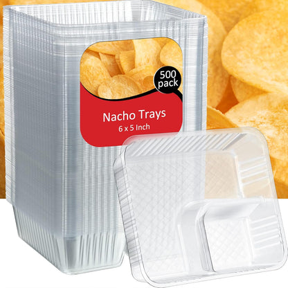 Vesici 100 Pcs 12oz Nacho Trays Disposable 2 Compartment Food Snack Tray Concession Stand Supplies Movie Night Clear Plastic Cheese Dip and Chip Holder for Candy School