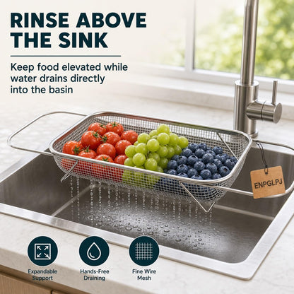 Stainless Steel Expandable Over-The-Sink Colander Basket Mesh Strainer