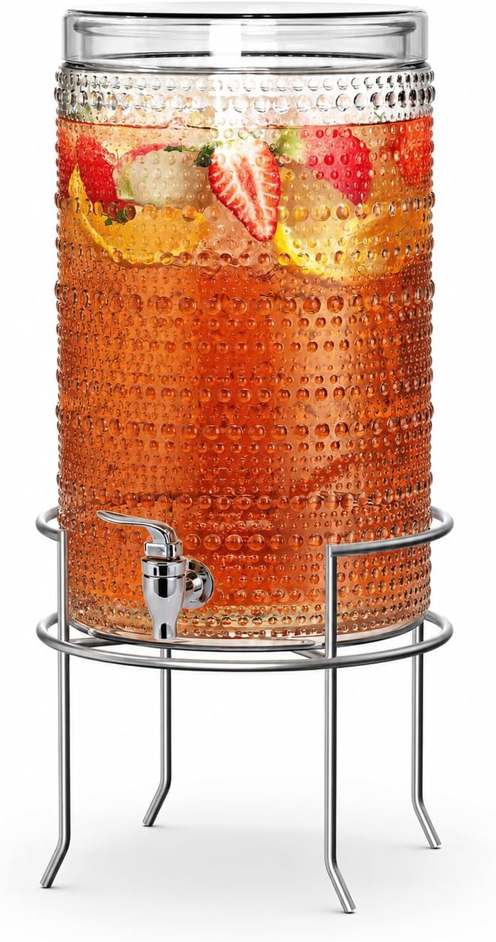 2 Gallon Glass Drink Dispenser, hobnail Drink Dispensers for Parties, Beverage Dispenser with Stand and Glass Lid, 100% Leakproof Spigot, Ideal for Lemonade, Juice,