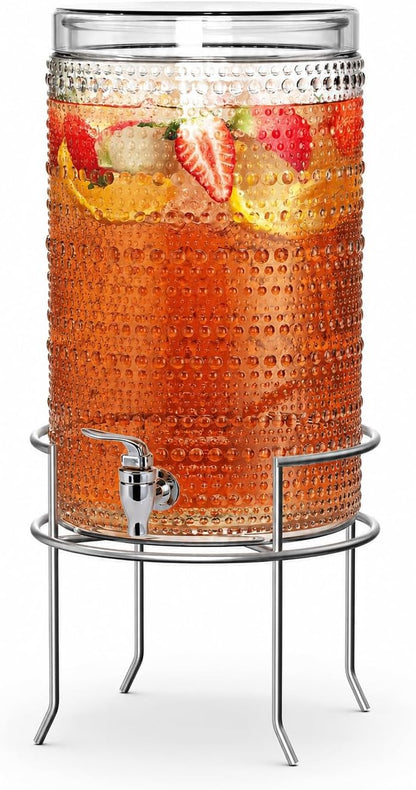 2 Gallon Glass Drink Dispenser, hobnail Drink Dispensers for Parties, Beverage Dispenser with Stand and Glass Lid, 100% Leakproof Spigot, Ideal for Lemonade, Juice,