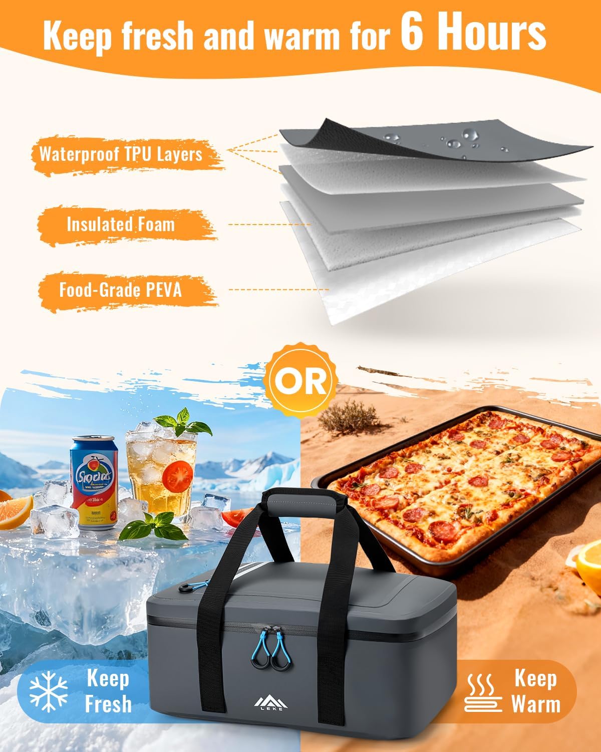 Lekesky Insulated Casserole Carrier (Soft-Side) for Hot or Cold Food, Casserole Dish Bag Carrying Case - Lasagna Lugger Holder for Potluck/Picnic, Fits 9x13 & 11x15 Inch Baking Dish, Dark Gray