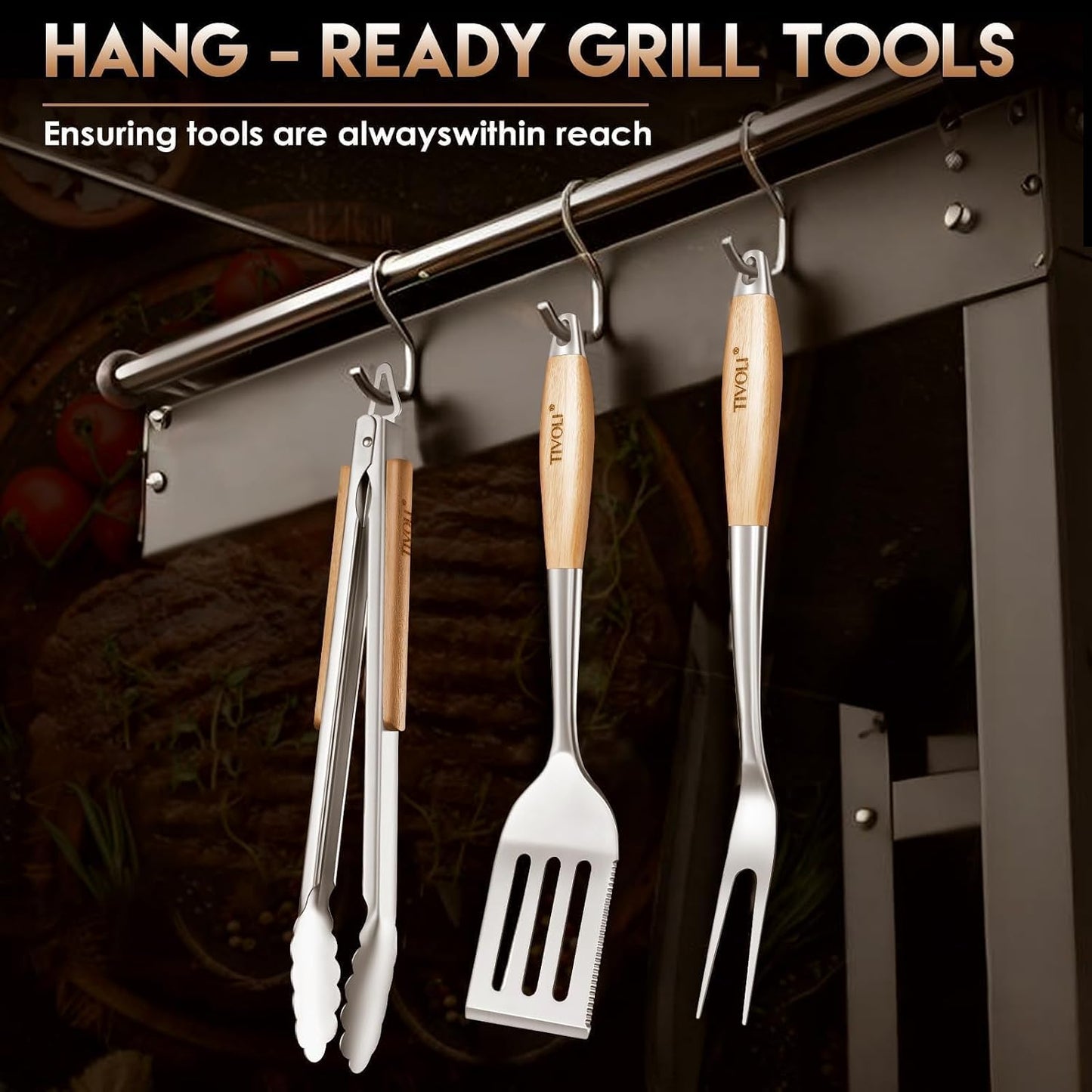 TIVOLI 4PCS Grilling Accessories, Heavy Duty BBQ Tool Set with Stainless Steel Spatula, Tongs, Fork, Cleaning Brush, Wood Handles Barbecue Utensils Kit for Outdoor, Perfect Grill Gifts for Dad Men