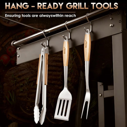 TIVOLI 4PCS Grilling Accessories, Heavy Duty BBQ Tool Set with Stainless Steel Spatula, Tongs, Fork, Cleaning Brush, Wood Handles Barbecue Utensils Kit for Outdoor, Perfect Grill Gifts for Dad Men