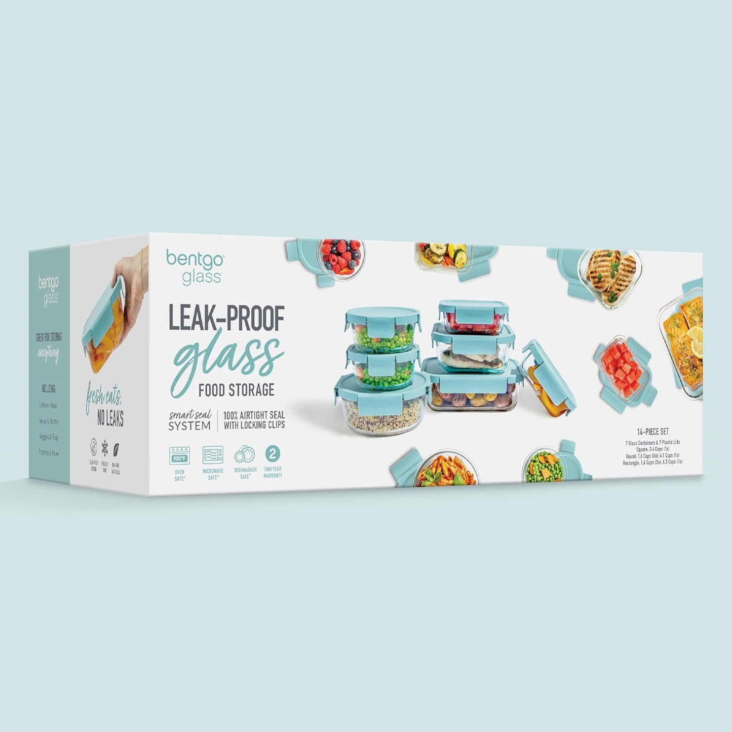 Bentgo Glass Leak-Proof Food Storage Set - 4-Piece Glass Containers with BPA-Free Airtight Lids, Reusable & Durable for Leftovers & Meal Prep - Microwave, Freezer, Oven & Dishwasher Safe (Soft Aqua)