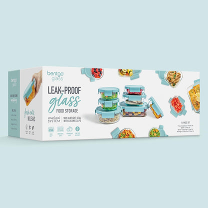 Bentgo Glass Leak-Proof Food Storage Set - 4-Piece Glass Containers with BPA-Free Airtight Lids, Reusable & Durable for Leftovers & Meal Prep - Microwave, Freezer, Oven & Dishwasher Safe (Soft Aqua)