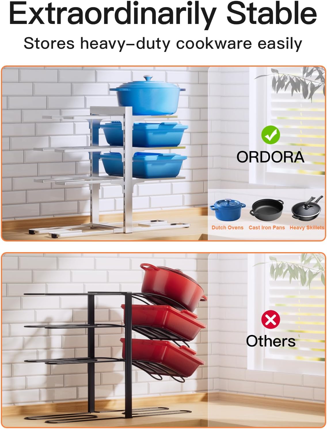 ORDORA Pots and Pans Organizer Under Cabinet 16.6", 8-Tier Adjustable Rack