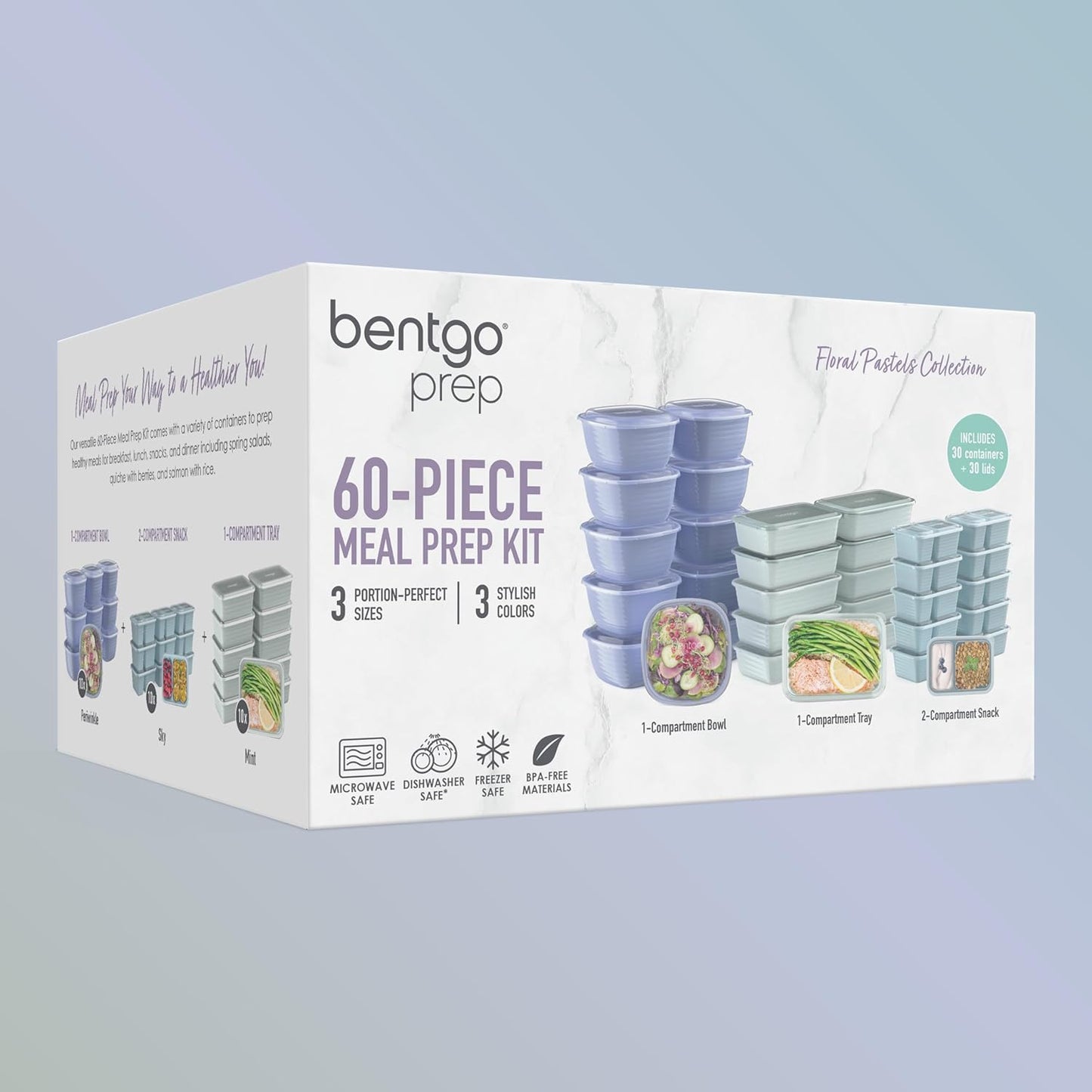 Bentgo Prep 60-Piece Variety Meal Prep Kit - Reusable PFAS & BPA-Free Food Containers 1-Compartment Trays, Prep Bowls, & Snack Boxes - Microwave, Freezer, & Dishwasher Safe (Rich Shades)