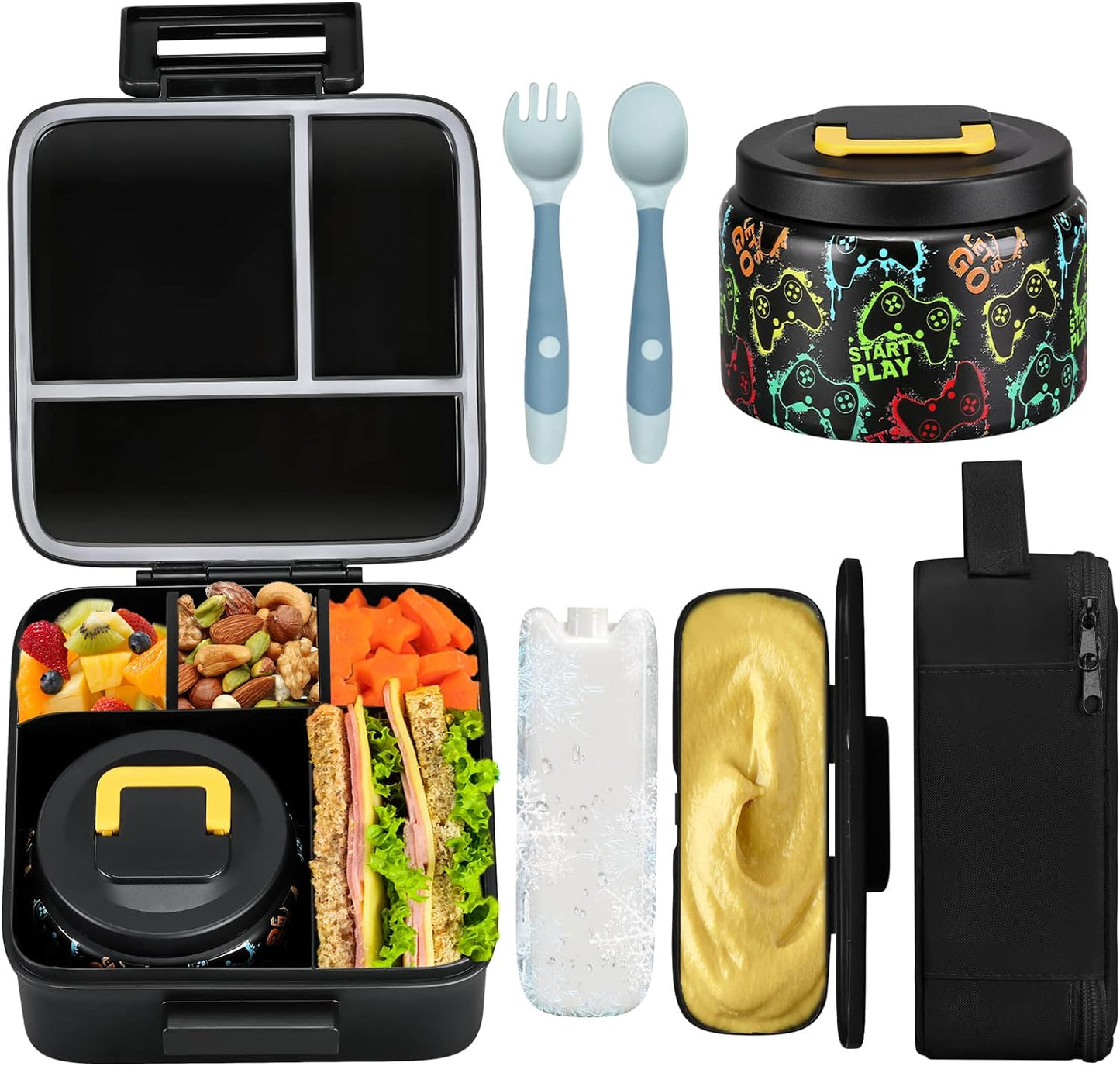 JXXM Bento Lunch Box for Kids With 8oz Soup thermo,Leak-proof Lunch Containers with 5 Compartment,thermo Food Jar and Lunch Bag, Food Containers for School (A-Blue(Extreme Locomotive))