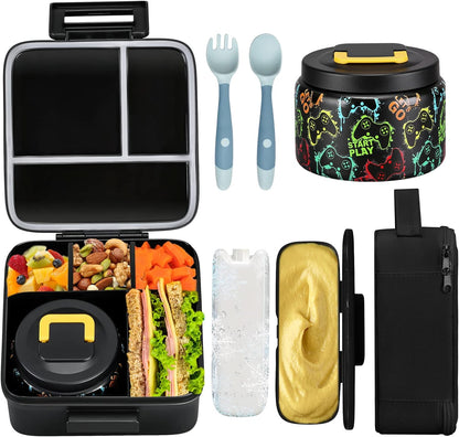 JXXM Bento Lunch Box for Kids With 8oz Soup thermo,Leak-proof Lunch Containers with 5 Compartment,thermo Food Jar and Lunch Bag, Food Containers for School (A-Blue(Extreme Locomotive))