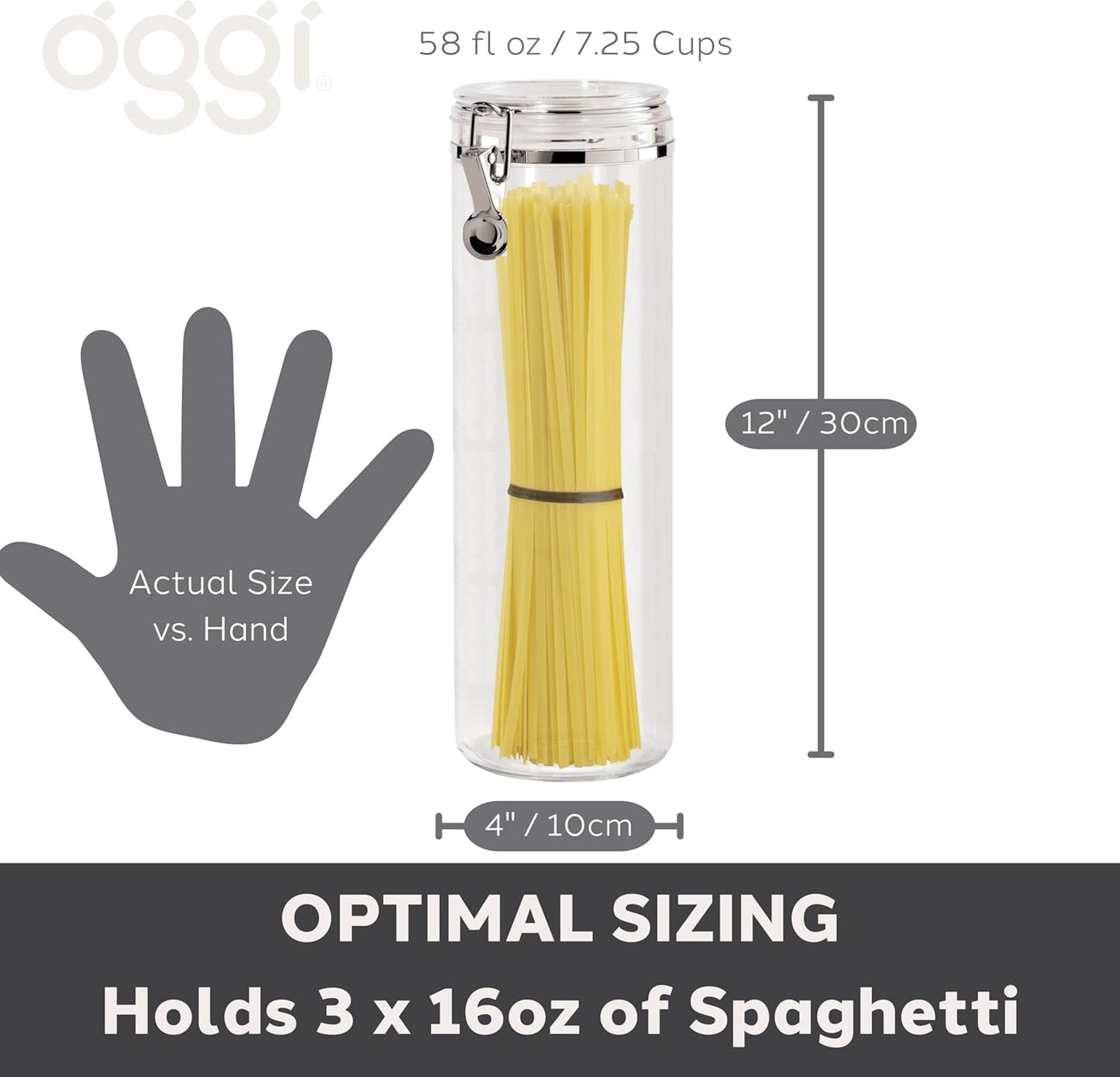 Oggi Clear Canister with Clamp Lid, 28 oz - Large Airtight Food Storage Container, for Kitchen & Pantry Storage of Bulk, Dry Foods Including Pasta, Flour, Sugar, Coffee, Rice, Tea, Spices & Herbs