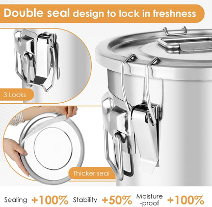 304 Stainless Steel Food Containers with Lids,12L/20LBS Airtight Food Storage Containers with Lock Clips for Flour Rice Sugar Coffee Bean,Stainless Steel Food Storage Containers for Kitchen