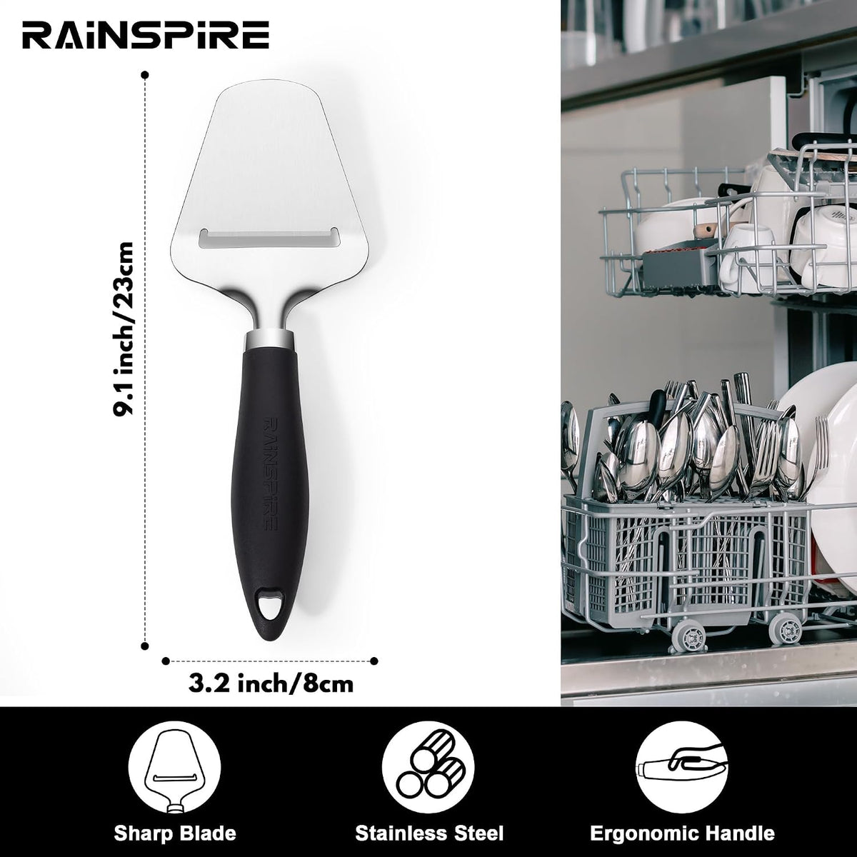 Rainspire Upgraded Non-Stick Cheese Slicers for Block Cheese Multi-Functional Cheese Cutter for Mozzarella, Cheddar, Gruyere Charcuterie Accessories Dishwasher Safe Kitchen Tools, Black