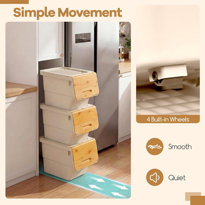 Giantex Plastic Stackable Storage Bins with Lids & Wheels, 3 Pack Open Front Stacking Bins, Organizer Bins for Pantry, Kitchen, Laundry, Closet, Playroom, Bedroom Organization (12.5 QT)