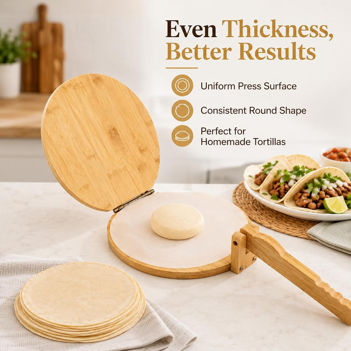 10 Inch Bamboo Round Tortilla Press Set, Mexican Tortilla Maker with 100 Parchment Papers and Rolling pin, Homemade Corn&Flour Flatbread Press for Mexican Tacos, Roti, Patacones