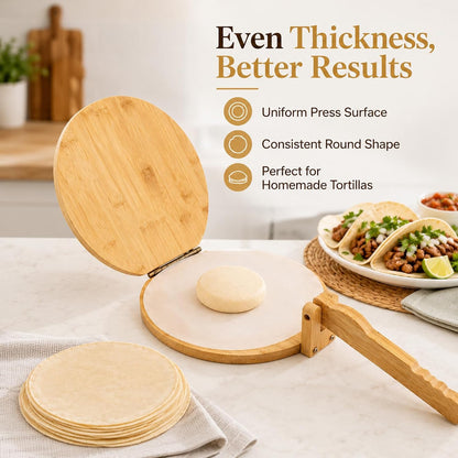 10 Inch Bamboo Round Tortilla Press Set, Mexican Tortilla Maker with 100 Parchment Papers and Rolling pin, Homemade Corn&Flour Flatbread Press for Mexican Tacos, Roti, Patacones