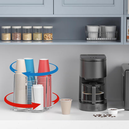 WINFFOR Coffee Cup Holder for Countertop - 4 Compartments Clear Rotating Disposable Cup Organizer Plastic Cup Storage Lid Carousel Coffee Bar Accesories for Restaurant Breakroom Kitchen Cabinet