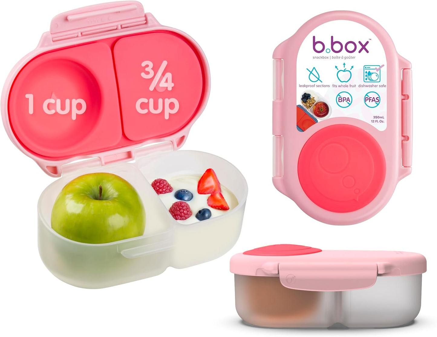 b.box Snack Box 2-Pack - Leak Proof Mini Bento Box for Kids & Toddlers, 2 Compartment Snack Containers for Kids, Dishwasher Safe, BPA-Free, PFAS-Free, Ages 4mo+, 1 3/4 Cup Each (Strawberry + Lilac)
