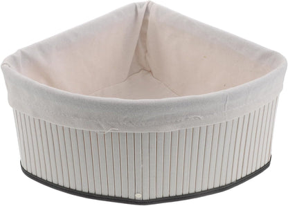 Corner Storage Basket - Bamboo Woven Organizer with Liner - Woven Pantry Basket for Shelves - Triangle Storage Bin for Kitchen, Bathroom and Bedroom (White)