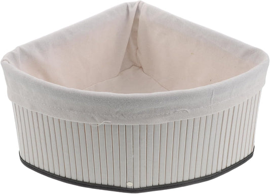 Corner Storage Basket - Bamboo Woven Organizer with Liner - Woven Pantry Basket for Shelves - Triangle Storage Bin for Kitchen, Bathroom and Bedroom (White)