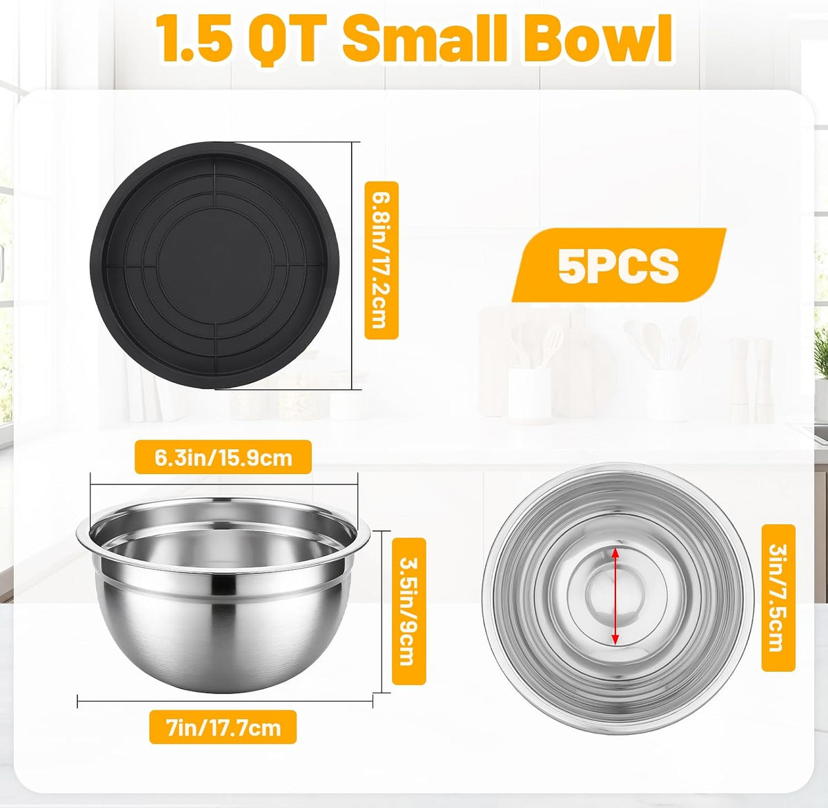 Beasea Stainless Steel Mixing Bowls, 5 Pack 1.5 QT Stackable Nesting Mixing Bowls with Airtight Lids, Metal Bowl with Lid for Baking, Meal Prepping, Salad, Serving, Food Storing