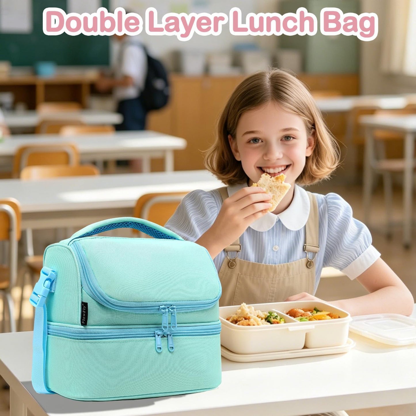 FlowFly Kids Double Decker Cooler Insulated Lunch Bag Large Tote for Boys, Girls, Men, Women, With Adjustable Strap, Unicorn