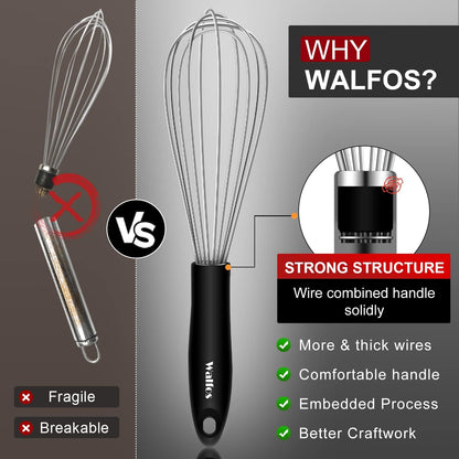 Walfos Silicone Whisk,Stainless Steel Wire Whisk -Heat Resistant 480°F Kitchen Whisks for Non-stick Cookware,Balloon Egg Beater Perfect for Blending,Whisking,Beating,Frothing & Stirring,Black
