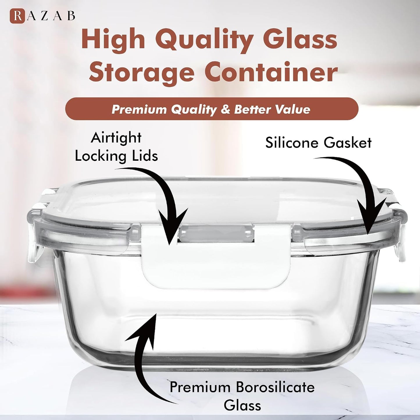 Razab 2 PC 1200ML / 41 Oz Glass Food Storage Containers with Lids - Airtight & Leakproof - Microwave/Oven/Freezer Safe - BPA Free - Ideal for Meal Prep, Storing Leftover & Lunch