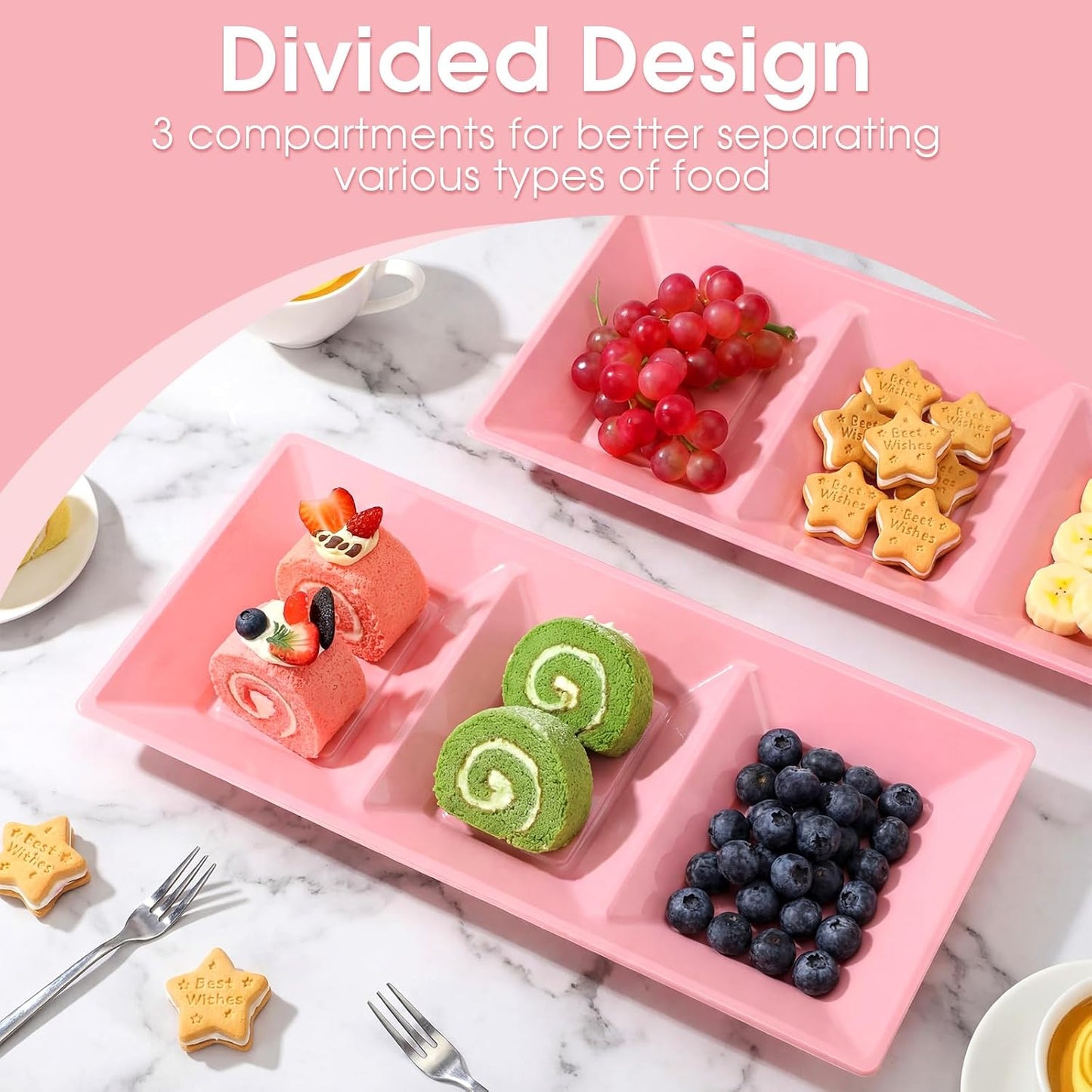 Ziliny 20pcs Black 3 Section Serving Tray Bulk Serving Dish Compartment Appetizer Tray Plastic Dessert Platter Divided Disposable Plate for a Tini Bit Older Party
