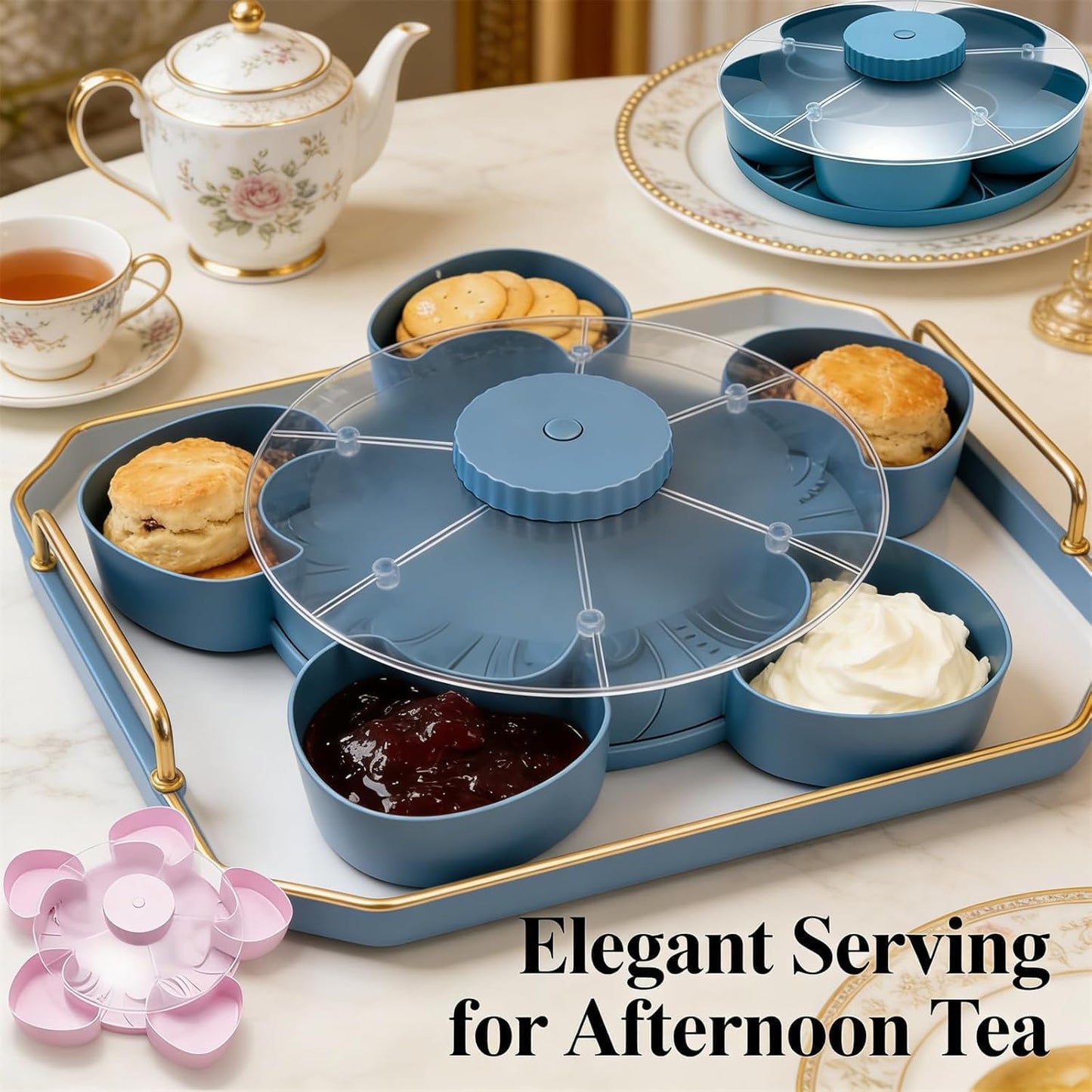 Divided Serving Tray that Spins with Lid, Rotating Snack Tray with 5 Compartments, Divided Spin and Snack Serving Tray, Snack Organizer for Fruit, Nuts, Candy, Veggies, Party Appetizers (Gray)