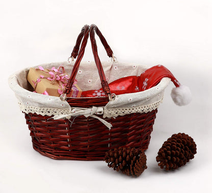 KINJOEK 2 Packs Wicker Woven Basket, 13" x 9" x 4.8" Multipurpose Natural Willow Basket with Handle Premium Linen Cotton Cloth Lining for Storage and Decoration, Natural