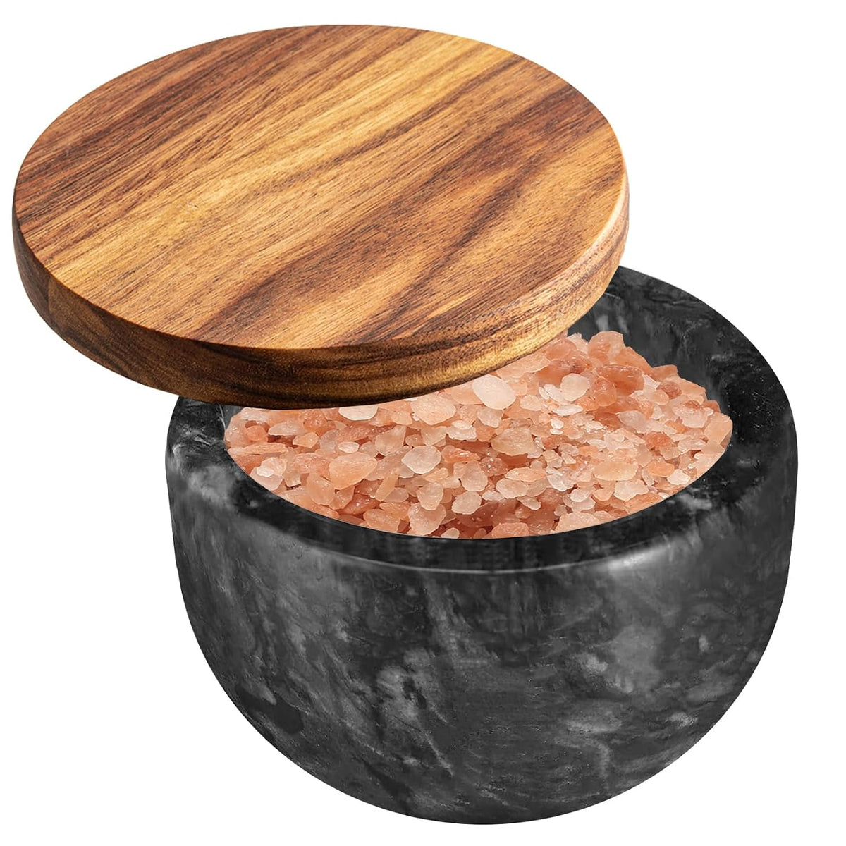 jalz jalz Acacia Wood Salt Cellar with white Marble Lid, 10oz Pinch Pot & Spoon