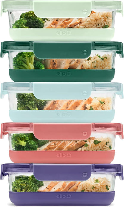 Ello Duraglass 3.4 Cup Meal Prep 10Pc,Set,Glass Food Storage Container with Silicone Sleeve and Airtight BPA-Free Plastic Lids,Dishwasher,Microwave & Freezer Safe,Evening Orchard,5 Count (Pack of 2)