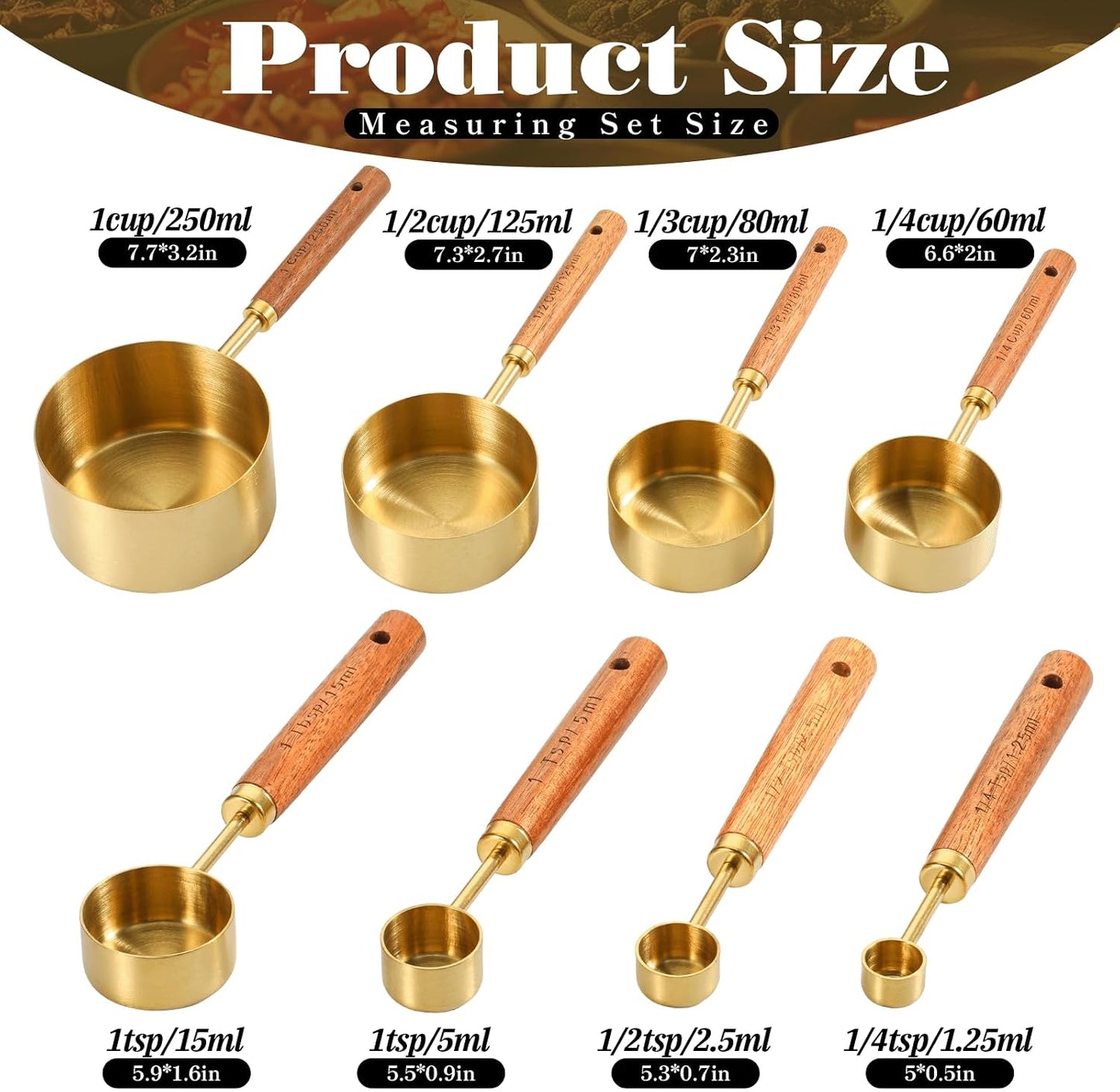 SHENLIU 8 Pcs Measuring Cups and Spoons Set, Black Stainless Steel Measuring Cups with Wooden Handle, Metal Measurings Spoons Set Nesting Kitchen Measure for Kitchen Baking