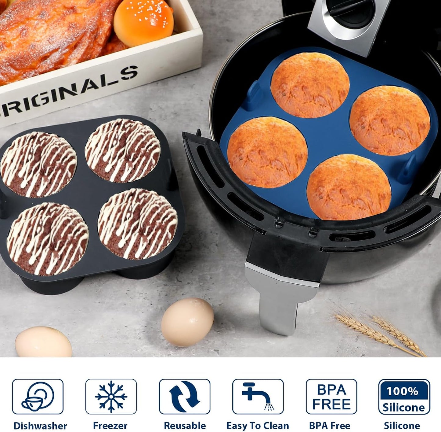 Webake Silicone Air Fryer Muffin Pan for Baking Egg Bites Silicone Mold, Nonstick 1.8 Inch Mini Muffin Tin BPA Free Set of 2