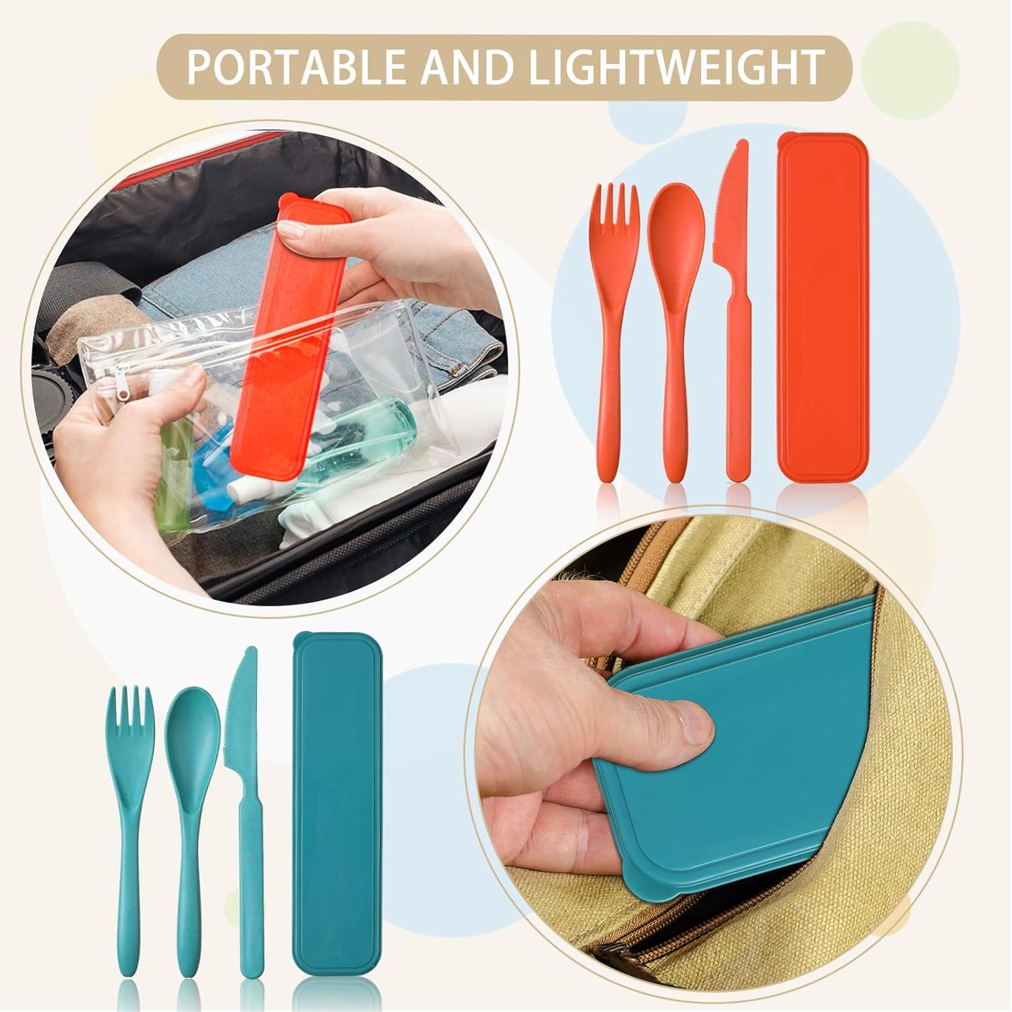 Jinei 50 Sets Reusable Travel Utensils Set with Case Wheat Straw Cutlery Portable Spoon Knife Forks Lunch Box Accessories Friendly Tableware for Kids Adults Camping Utensils(Bright)
