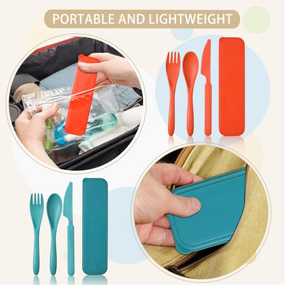 Jinei 50 Sets Reusable Travel Utensils Set with Case Wheat Straw Cutlery Portable Spoon Knife Forks Lunch Box Accessories Friendly Tableware for Kids Adults Camping Utensils(Bright)