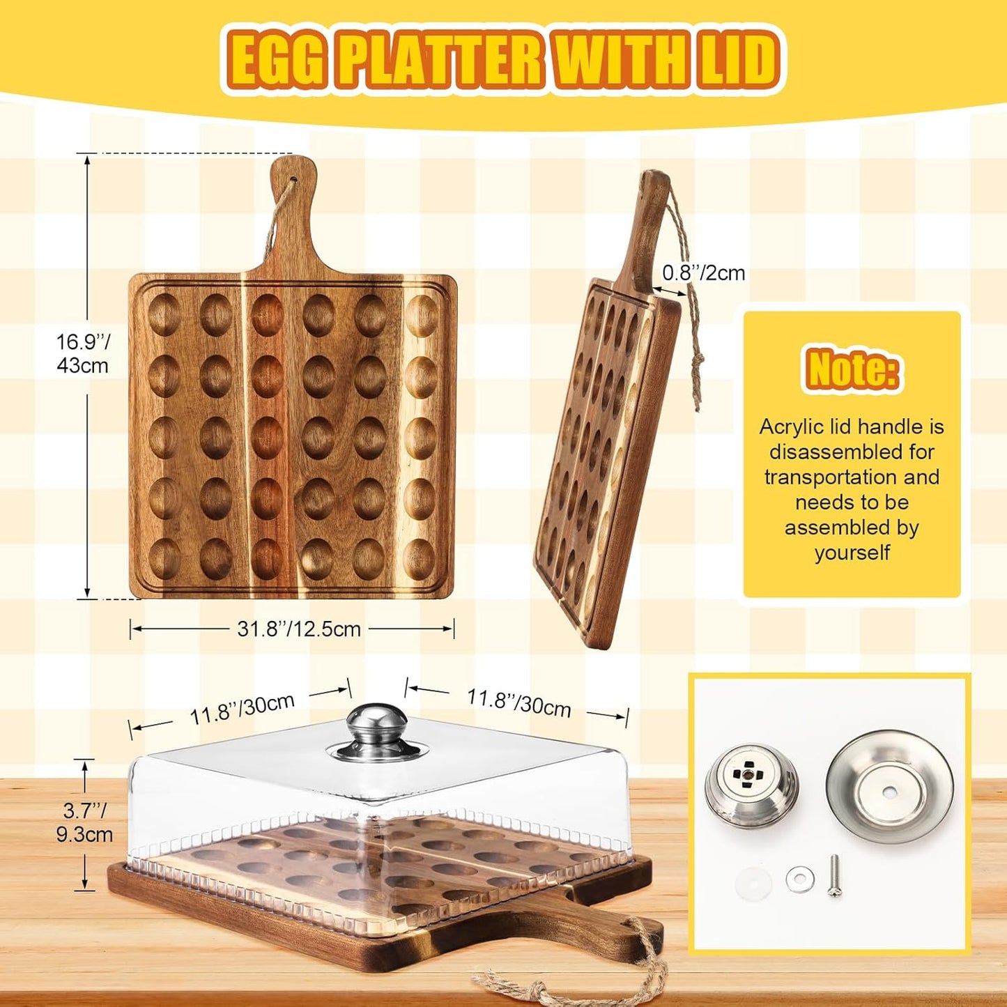 Vercraft Easter Wooden Deviled Egg Platter with Lid and Handle 30 Holes Round Deviled Egg Tray Reversible Charcuterie Board Wooden Serving Tray Containers Holder for Countertop Easter(Bamboo)
