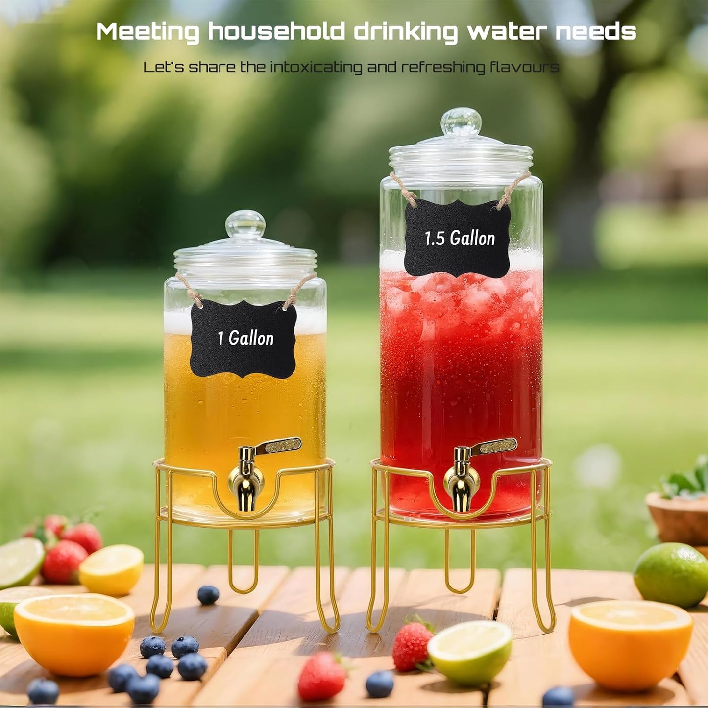 DHSBTLS 1 Gallon Glass Drink Dispensers, Round Beverage Dispenser for Party, BBQ and Picnic, Clear Airtight Juice Dispenser with Golden Stand, Stainless Steel Spigot, Markers and Chalkboard